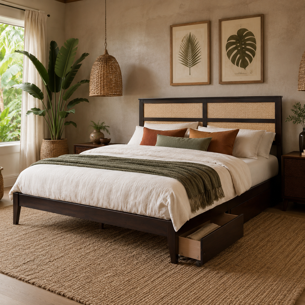 Elara King Solid Rubberwood Bed with Rattan Headboard and 2 Storage Drawers