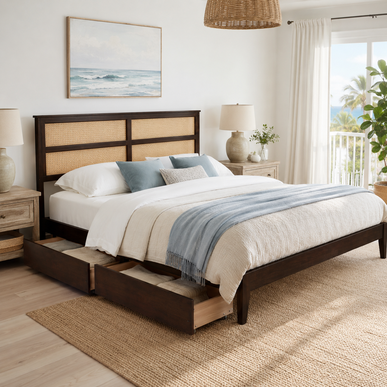 Elara King Solid Rubberwood Bed with Rattan Headboard and 2 Storage Drawers
