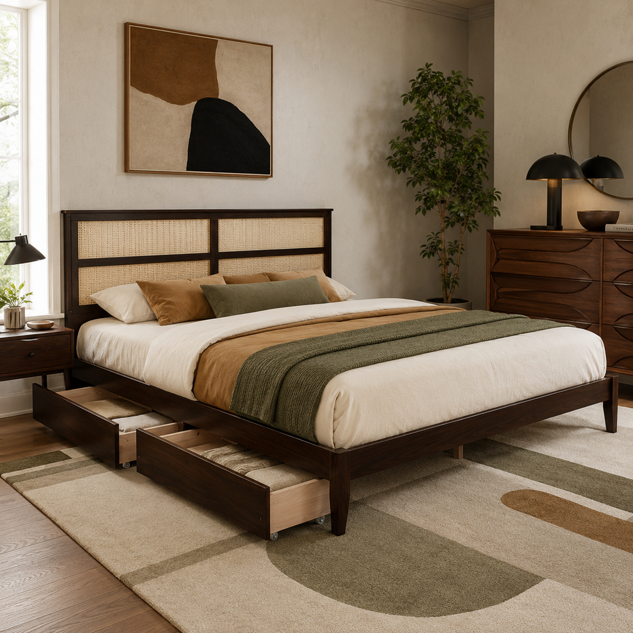 Elara King Solid Rubberwood Bed with Rattan Headboard and 2 Storage Drawers
