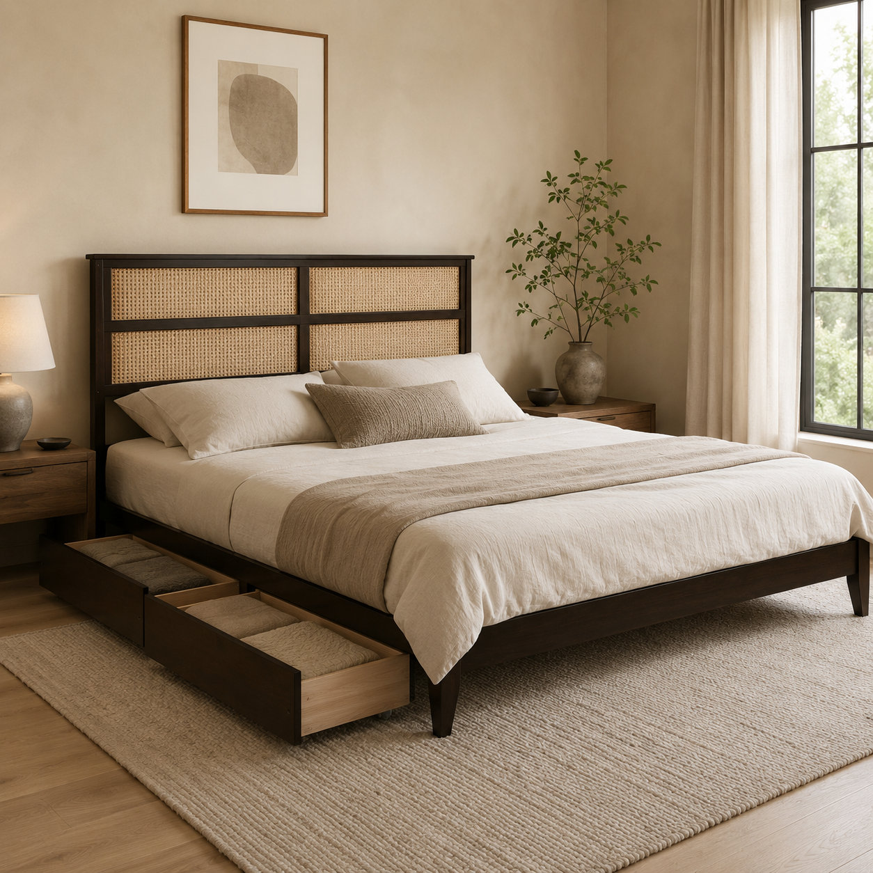 Elara King Solid Rubberwood Bed with Rattan Headboard and 2 Storage Drawers