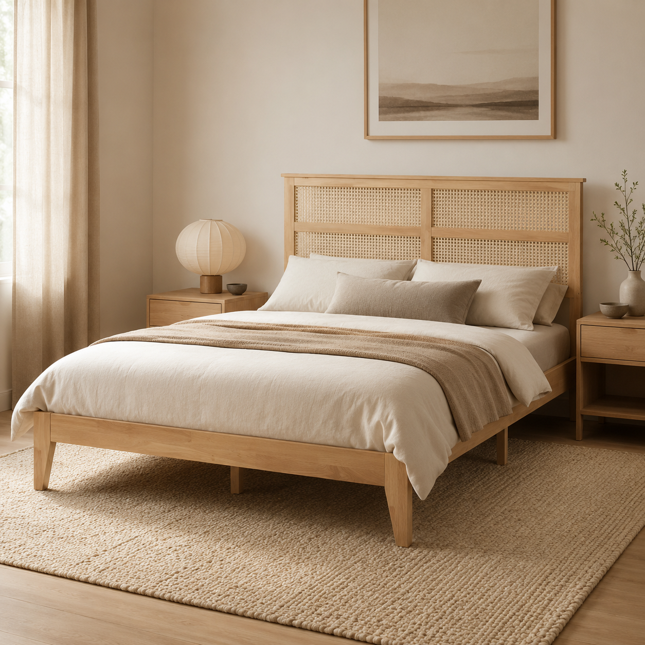 Elara Rubberwood Queen Size Bed with Rattan Headboard