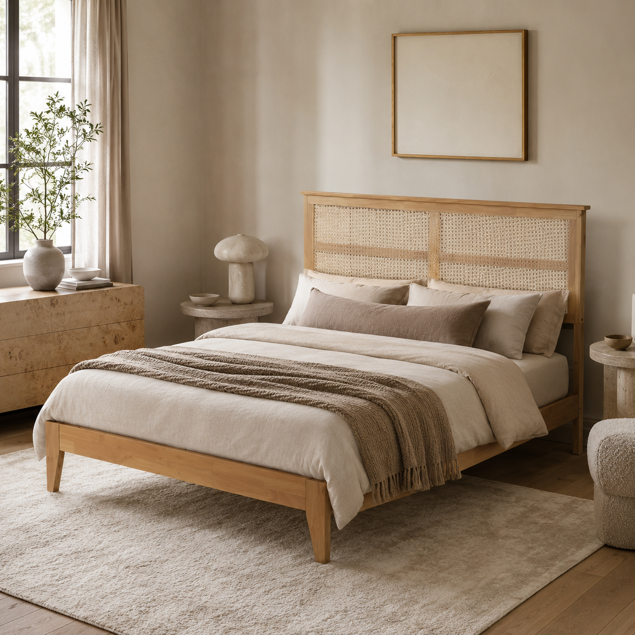 Elara Rubberwood Queen Size Bed with Rattan Headboard