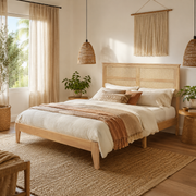 Elara Rubberwood Queen Size Bed with Rattan Headboard