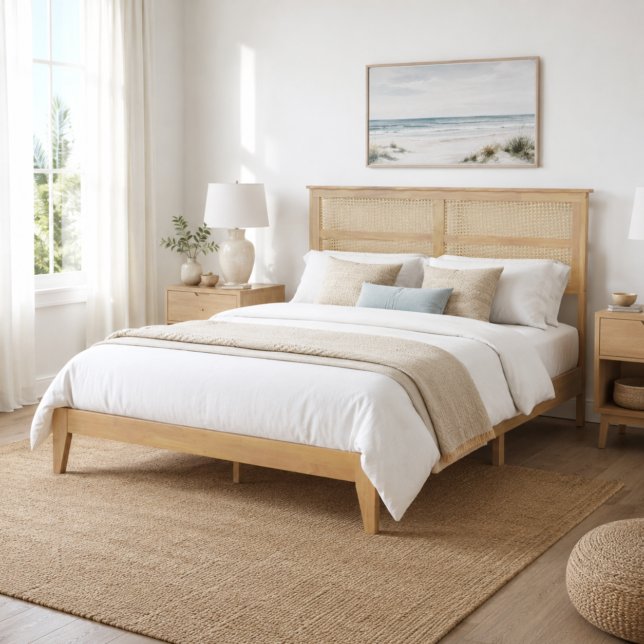 Elara Rubberwood Queen Size Bed with Rattan Headboard