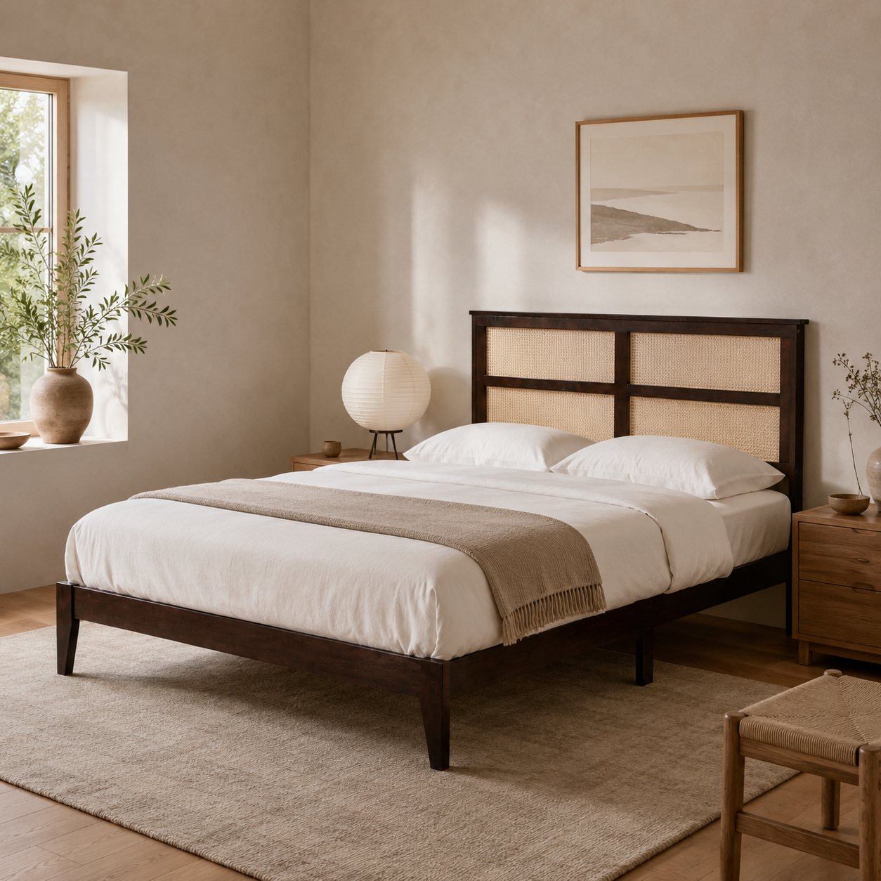 Elara Rubberwood Queen Size Bed with Rattan Headboard