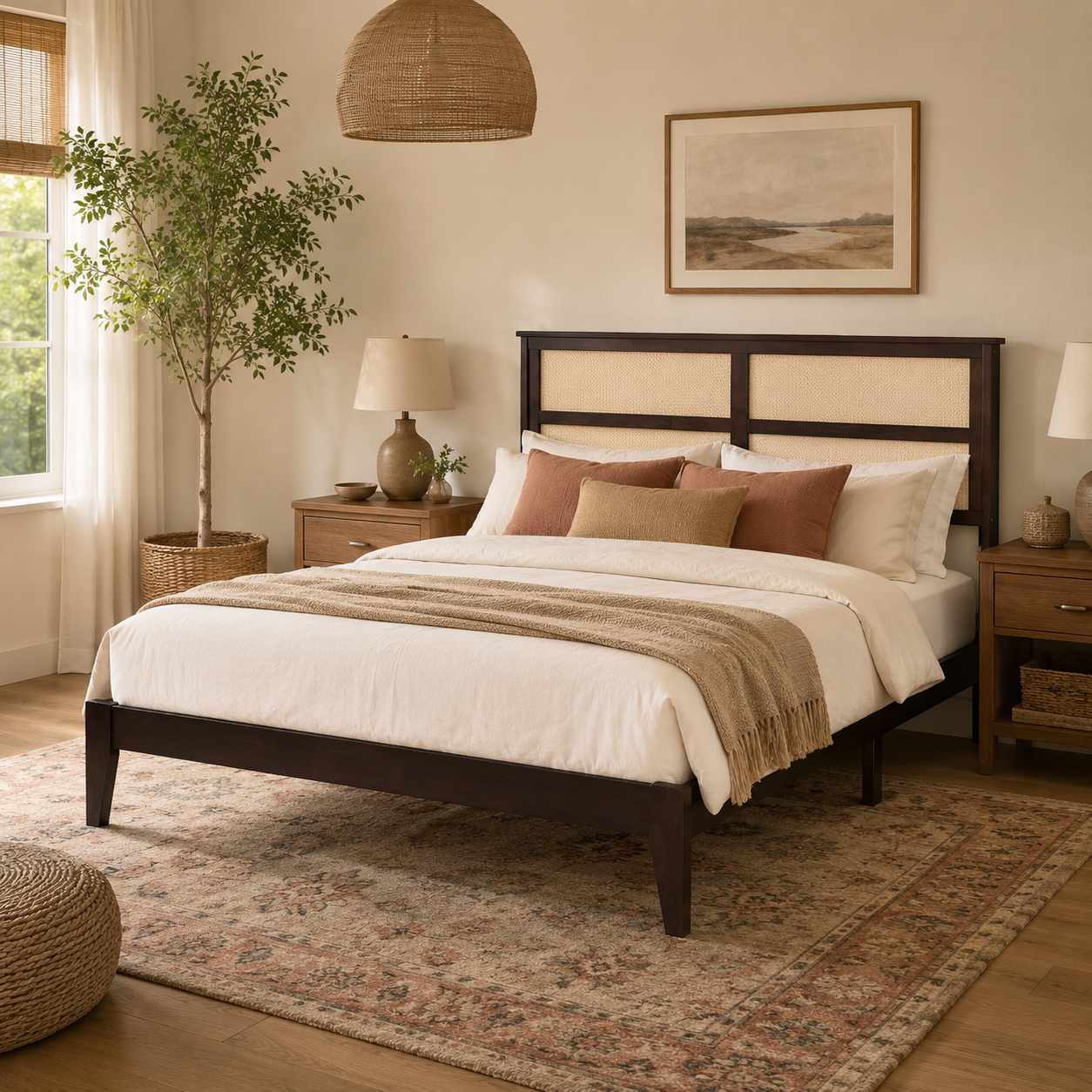 Elara Rubberwood Queen Size Bed with Rattan Headboard