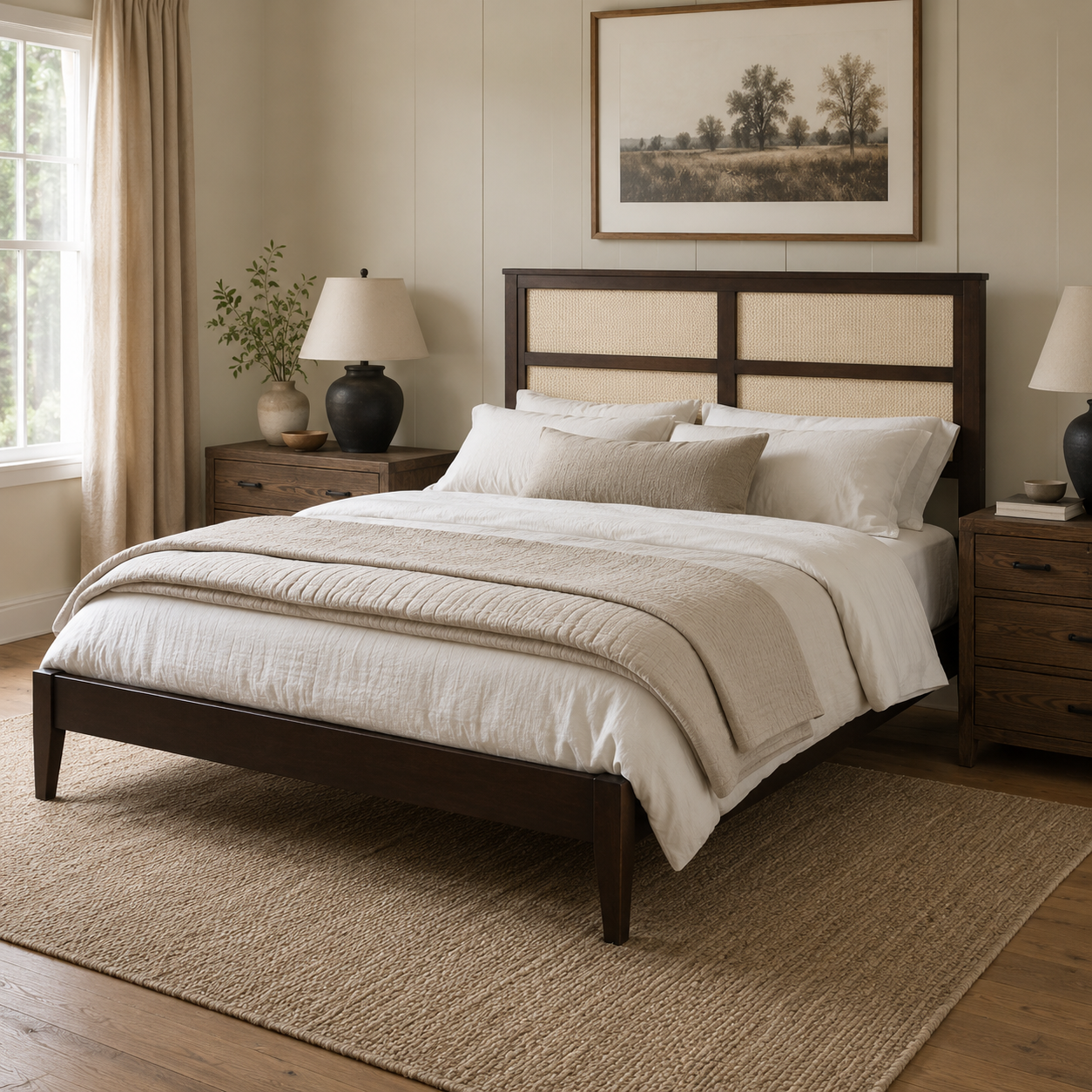 Elara Rubberwood Queen Size Bed with Rattan Headboard