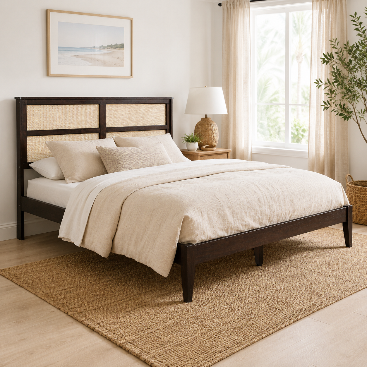 Elara Rubberwood Queen Size Bed with Rattan Headboard