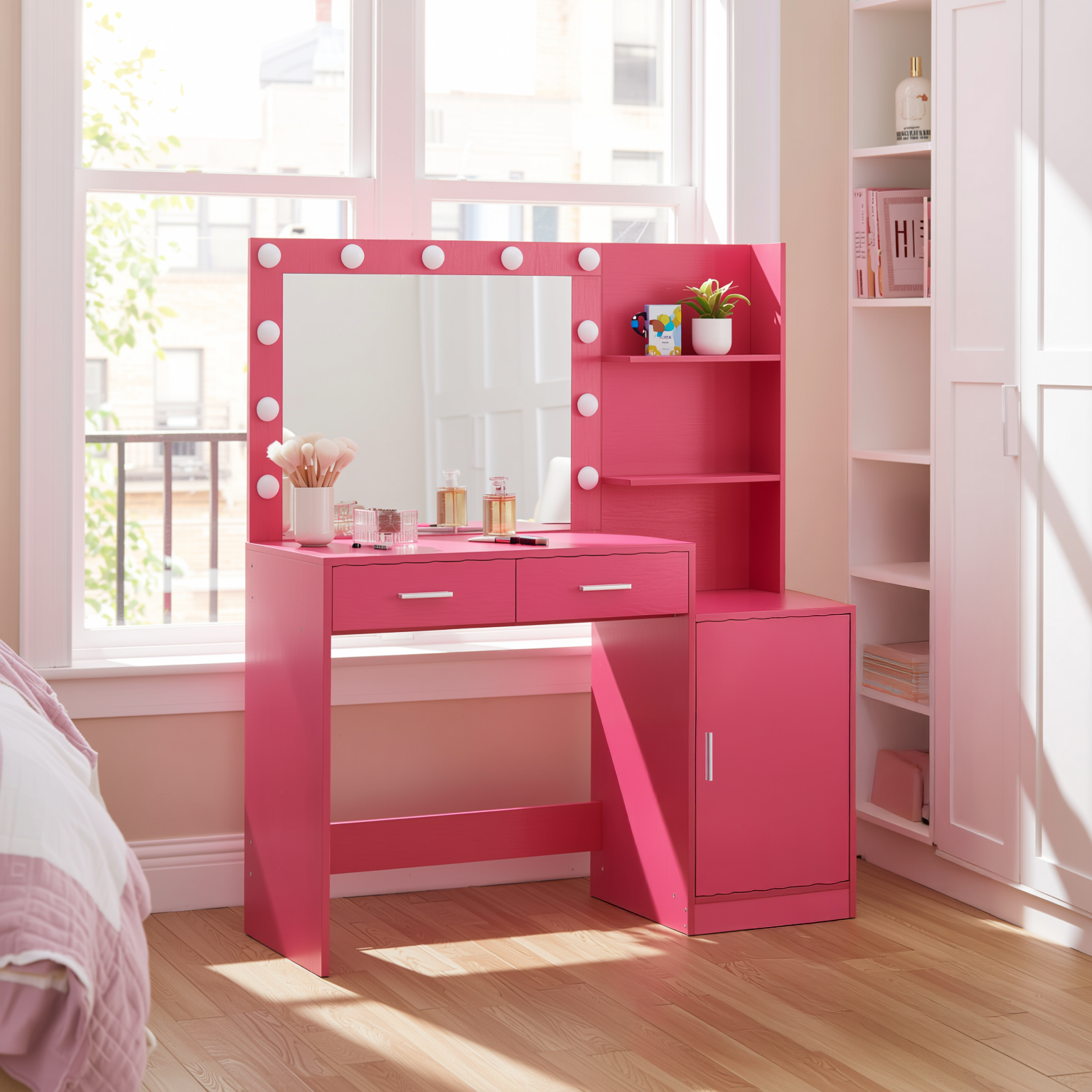 Espoo Pink Vanity Set Lighted Mirror Desk with CARNATION Pink Swivel Chair