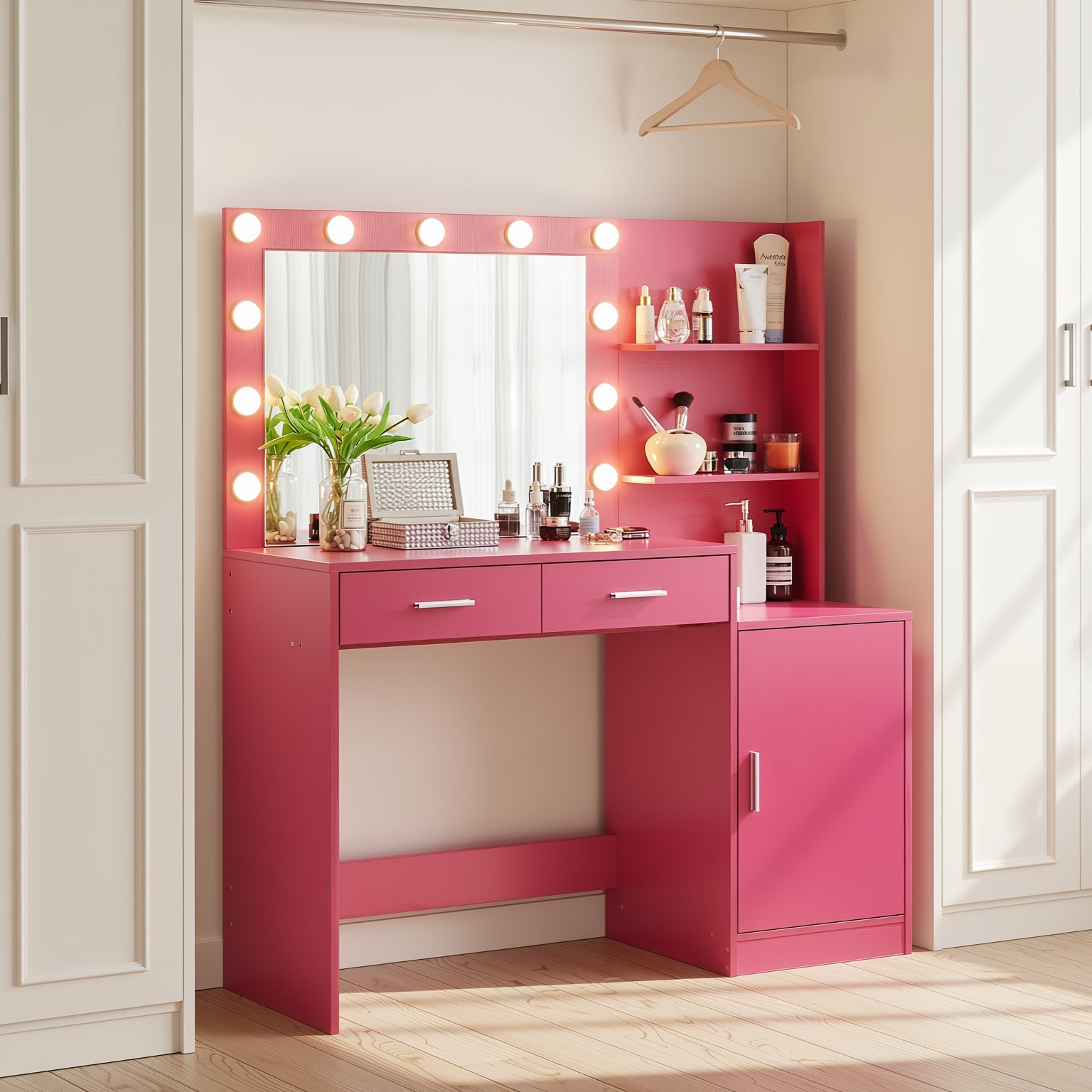 Espoo Pink Vanity Set Lighted Mirror Desk with CARNATION Pink Swivel Chair