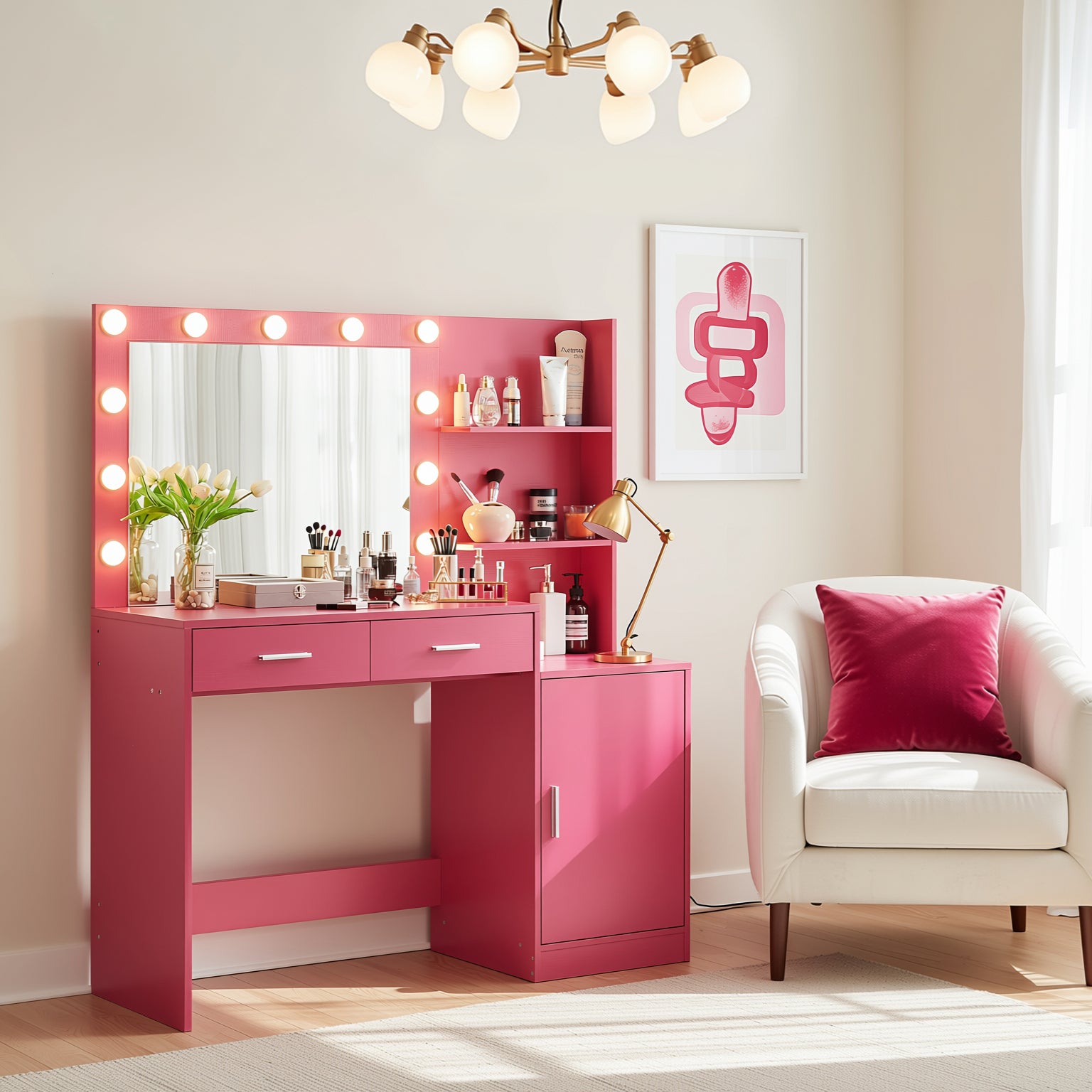 Espoo 46.4" Modern Vanity Desk with Lighted Mirror, Pink