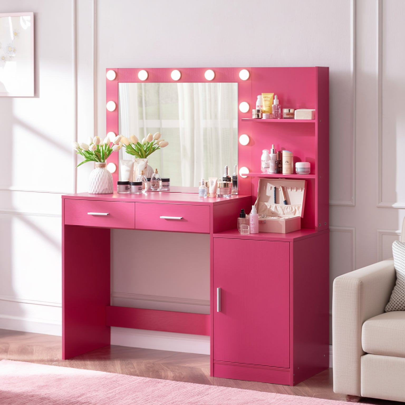 Espoo 46.4" Modern Vanity Desk with Lighted Mirror, Pink