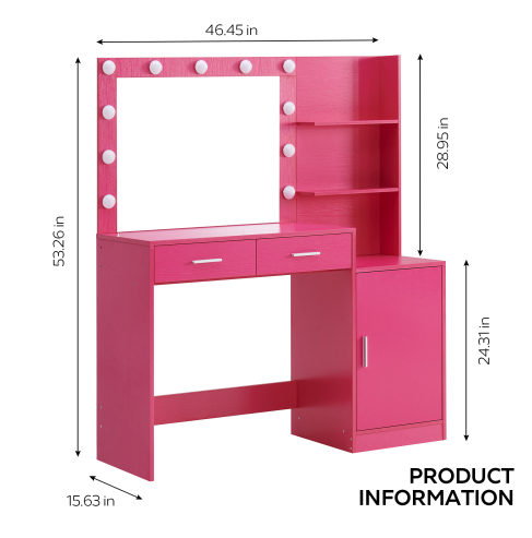 Espoo Pink Vanity Set Lighted Mirror Desk with CARNATION Pink Swivel Chair
