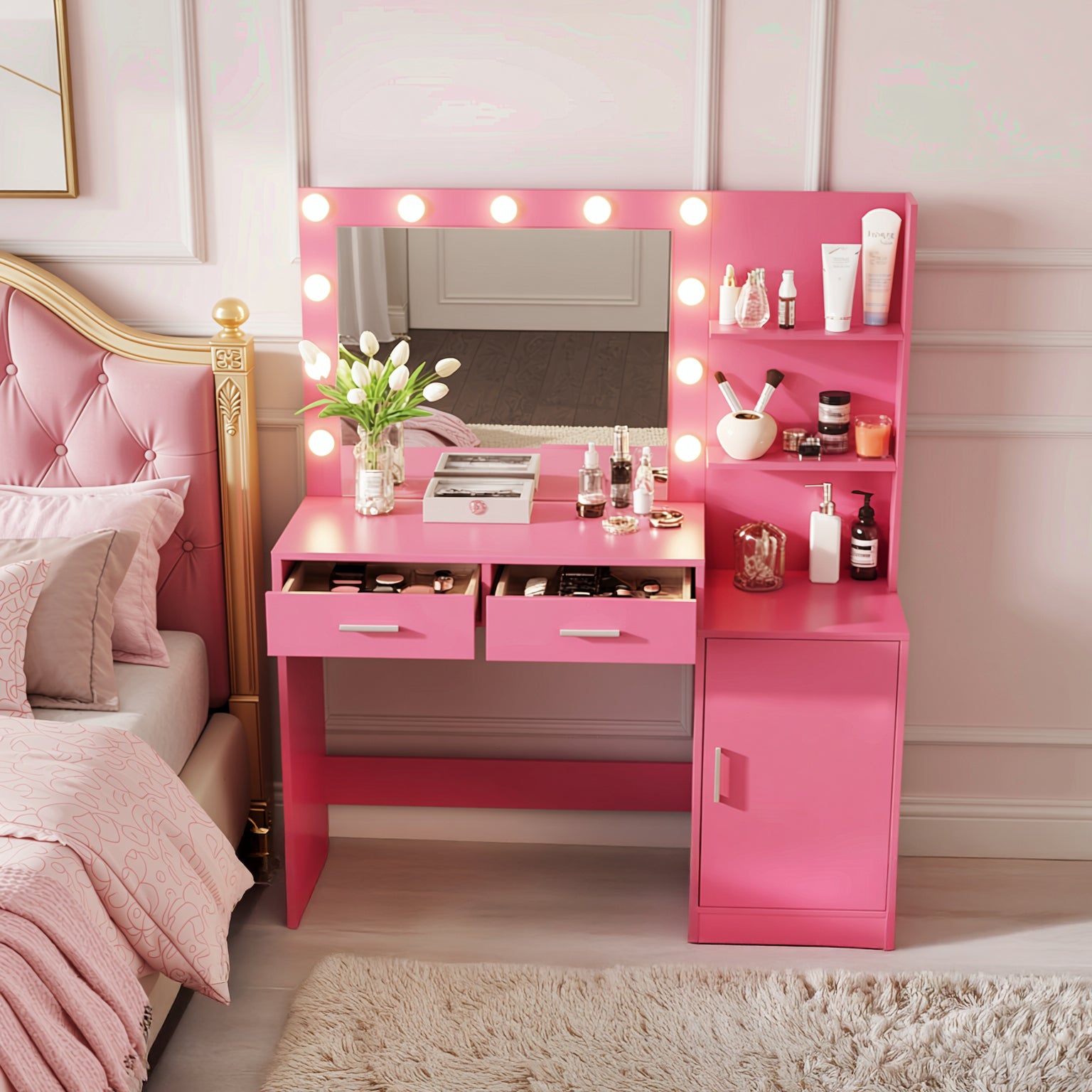 Espoo Pink Vanity Set Lighted Mirror Desk with CARNATION Pink Swivel Chair