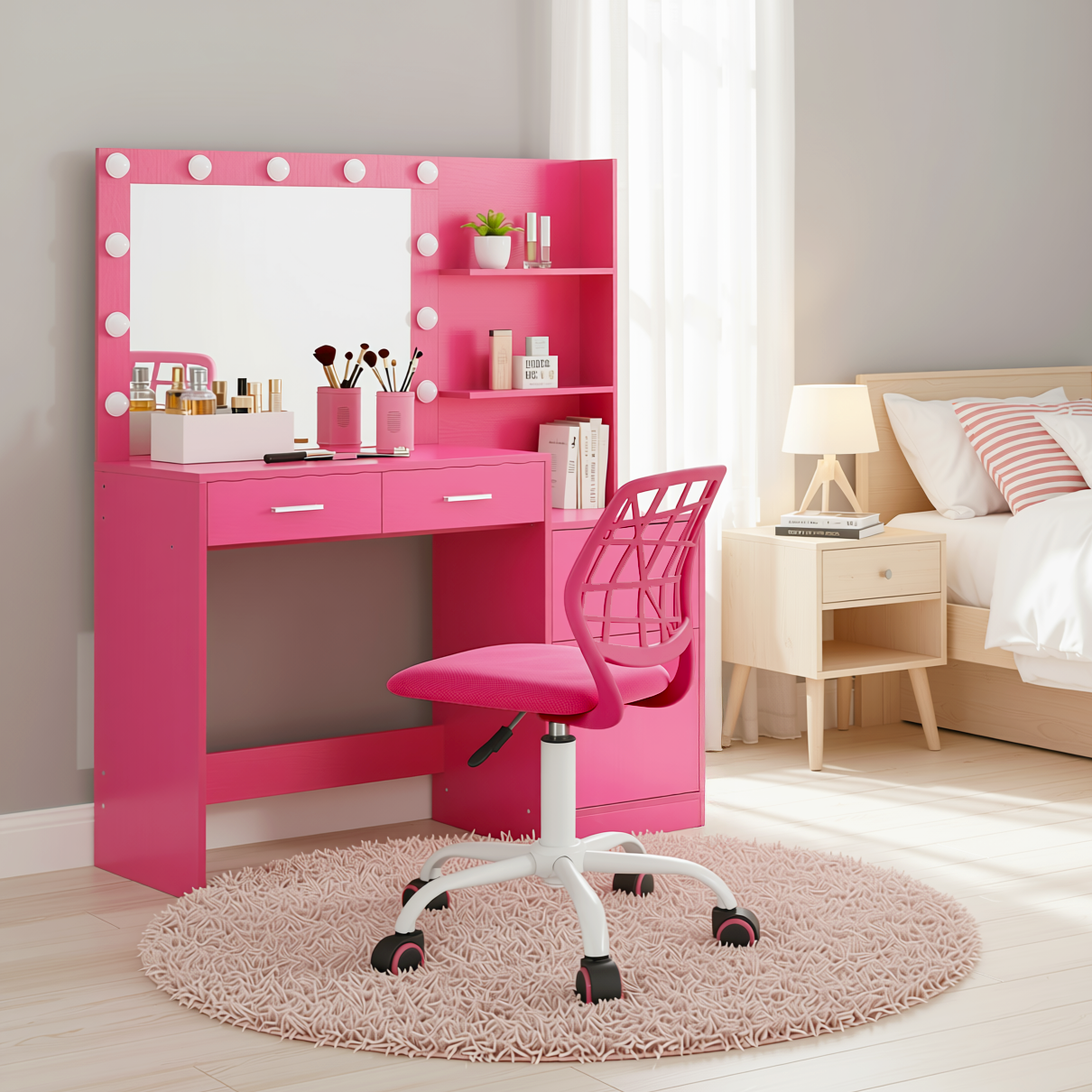 Espoo Pink Vanity Set Lighted Mirror Desk with CARNATION Pink Swivel Chair