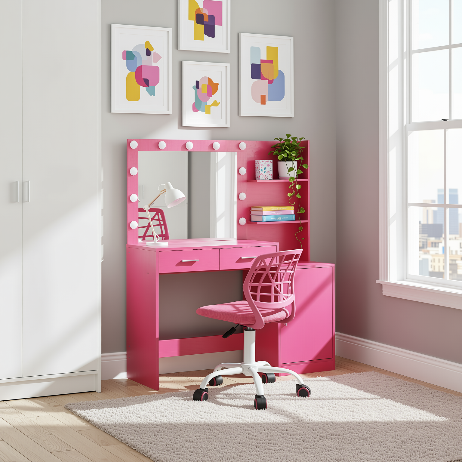 Espoo Pink Vanity Set Lighted Mirror Desk with CARNATION Pink Swivel Chair