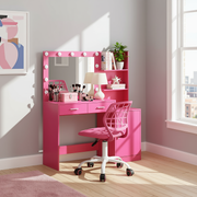 Espoo Pink Vanity Set Lighted Mirror Desk with CARNATION Pink Swivel Chair