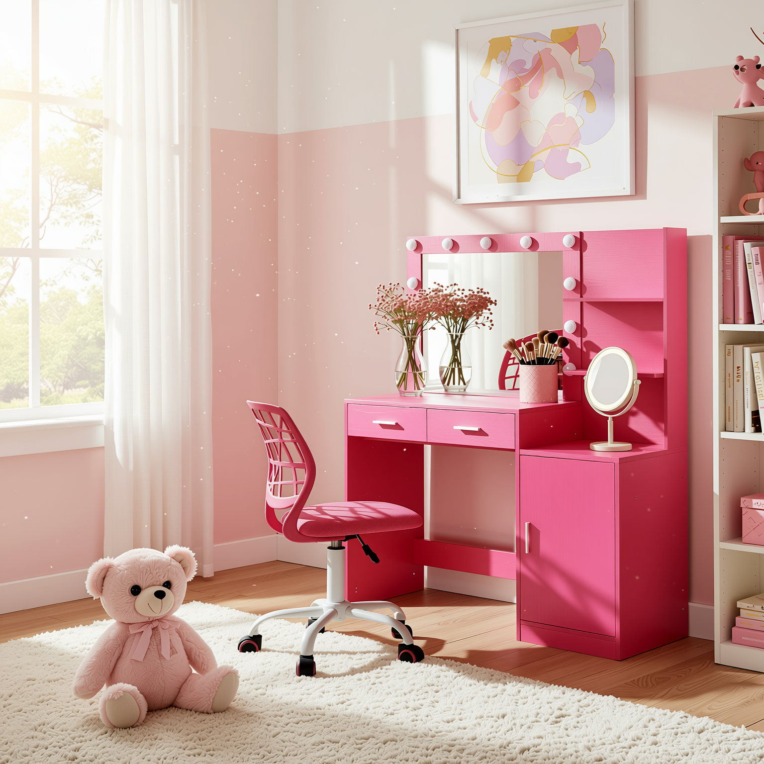 Espoo Pink Vanity Set Lighted Mirror Desk with CARNATION Pink Swivel Chair