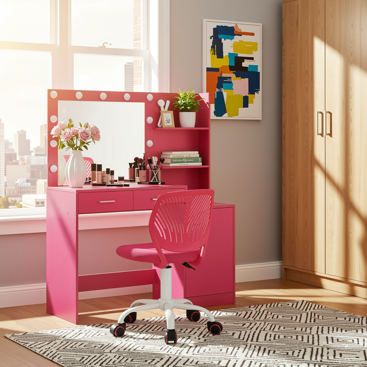 Espoo Pink Vanity Set Lighted Mirror Desk with CARNATION Pink Swivel Chair