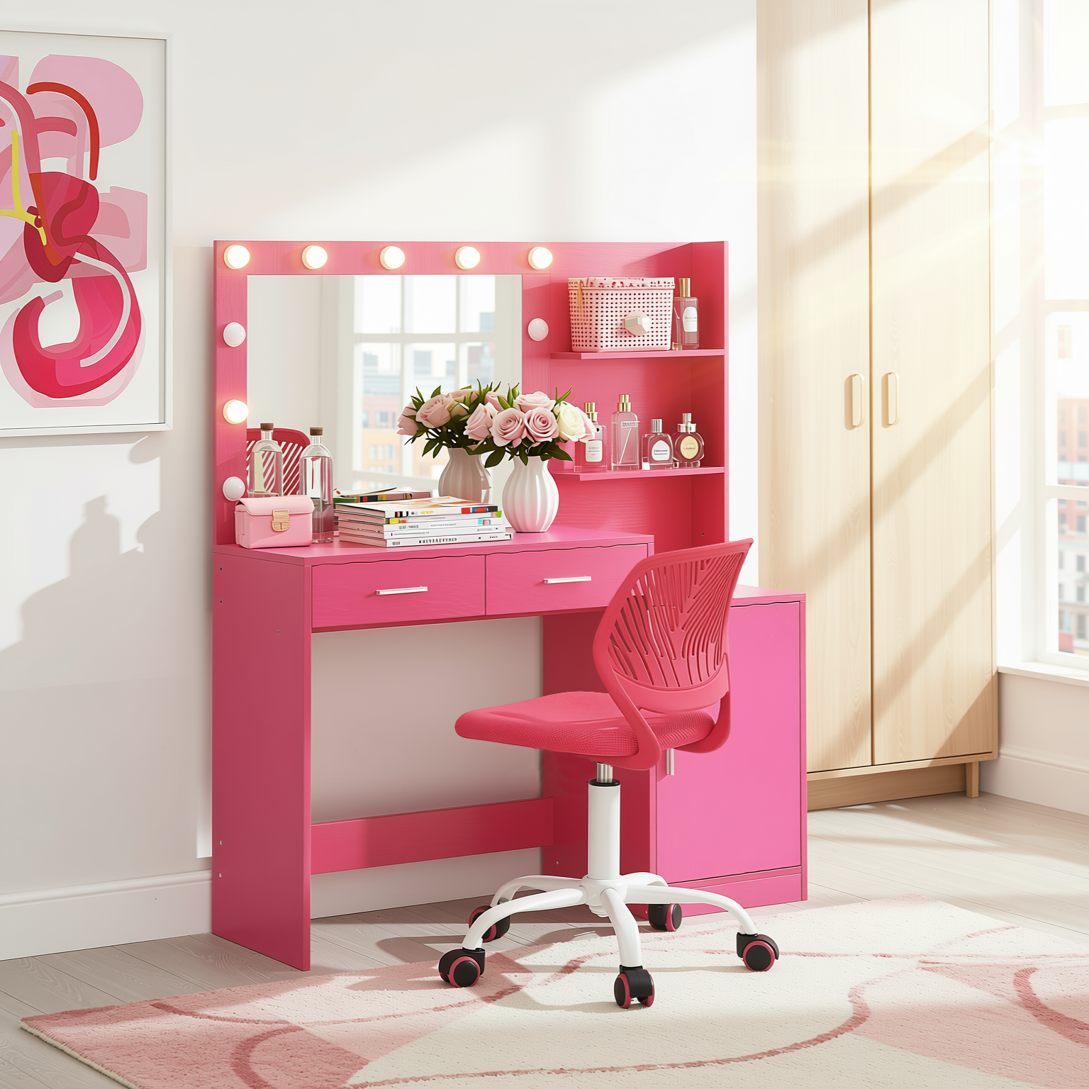 Espoo Pink Vanity Set Lighted Mirror Desk with CARNATION Pink Swivel Chair