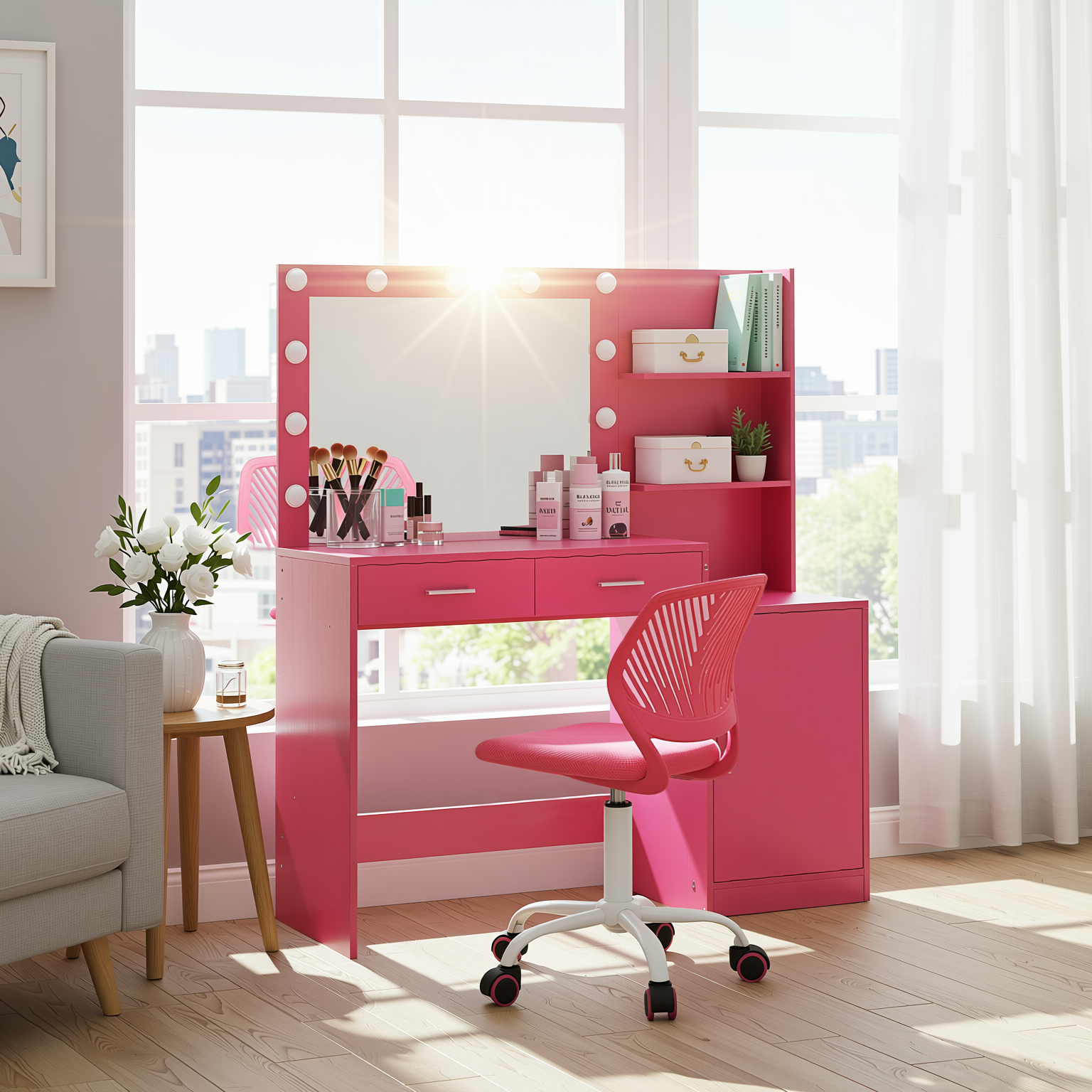 Espoo Pink Vanity Set Lighted Mirror Desk with CARNATION Pink Swivel Chair