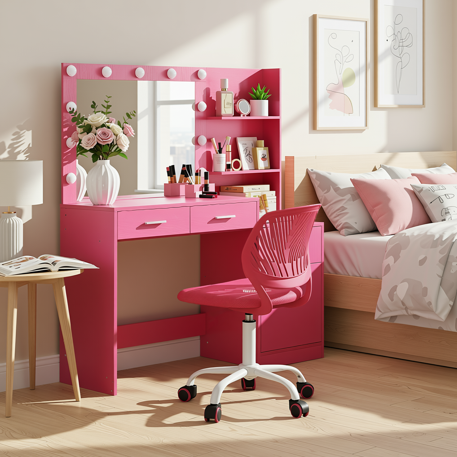 Espoo Pink Vanity Set Lighted Mirror Desk with CARNATION Pink Swivel Chair