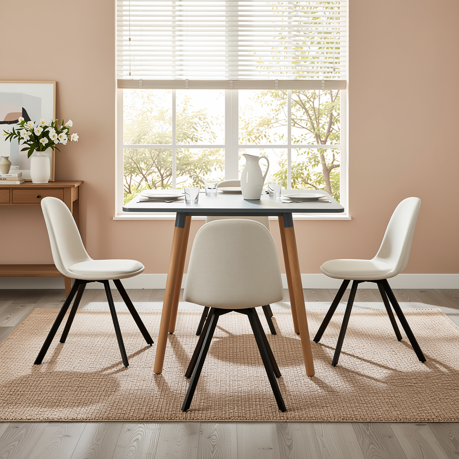 Homy Casa Rookie 5PC Dining Table Set 31.5” Square Grey Table with 4 Sunflower Beige Swival Upholstered Chairs