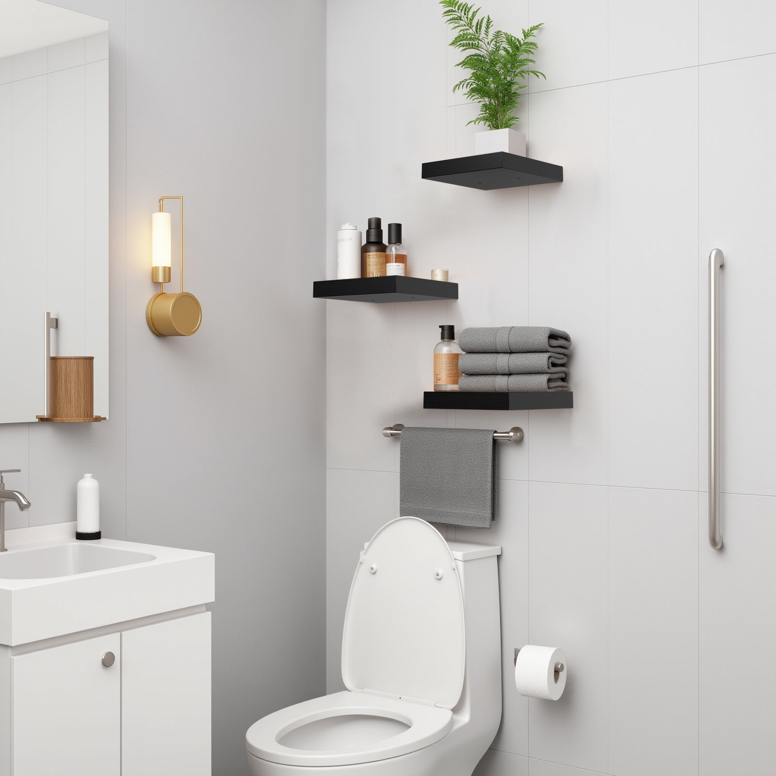 FAAS 8 Inch Floating Shelves Set of 3 White Wood Wall Shelves with Hidden Brackets for Bedroom Living Room Bathroom