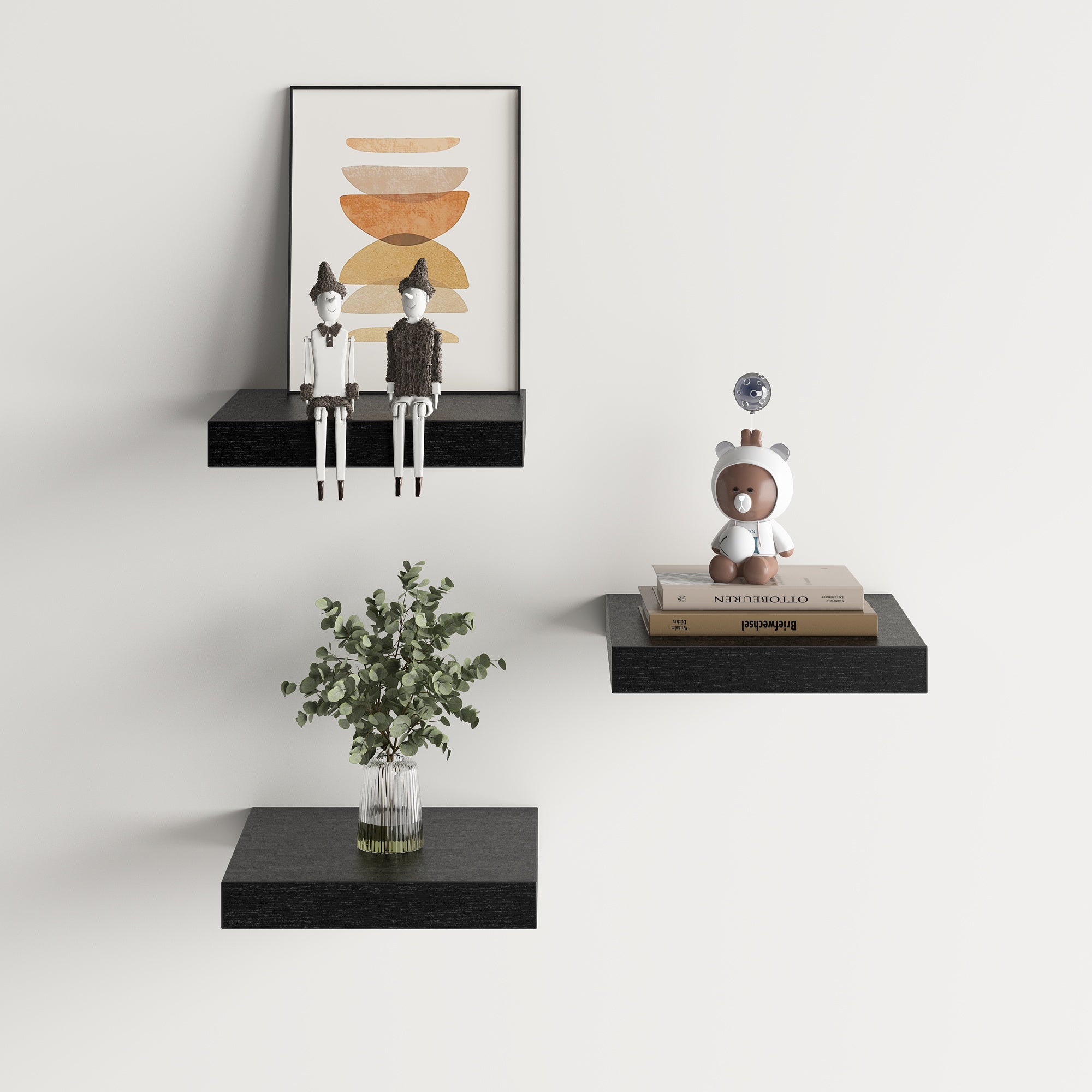 FAAS 8 Inch Floating Shelves Set of 3 White Wood Wall Shelves with Hidden Brackets for Bedroom Living Room Bathroom