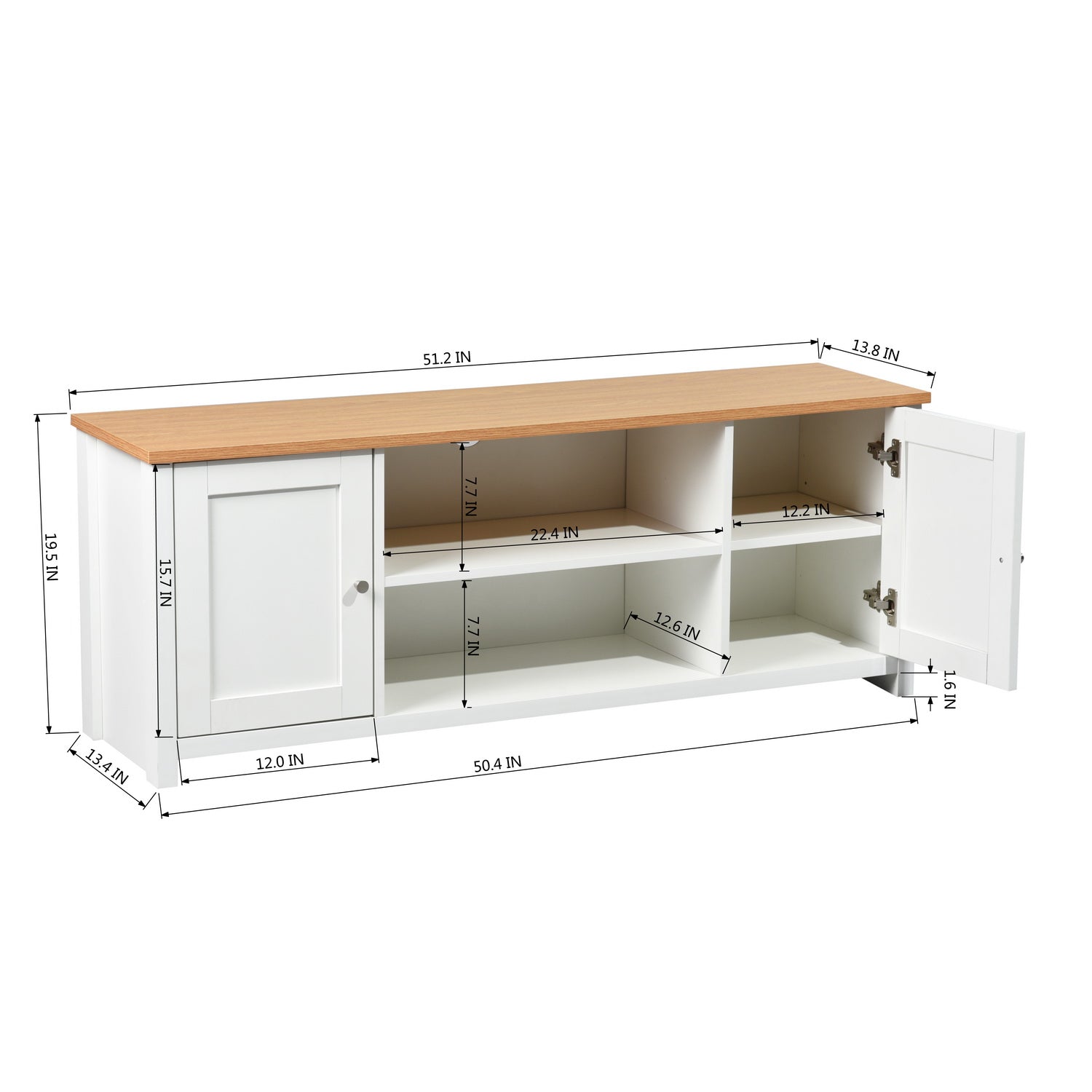 Homy Casa FAVRE 51" Storage TV Stand Cabinet with Doors and Open Shelves Wood Top White