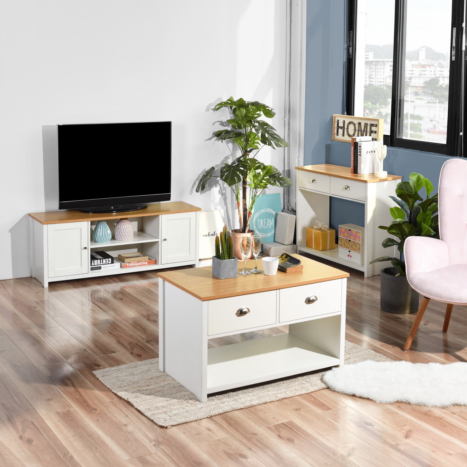 Homy Casa FAVRE 51" Storage TV Stand Cabinet with Doors and Open Shelves Wood Top White
