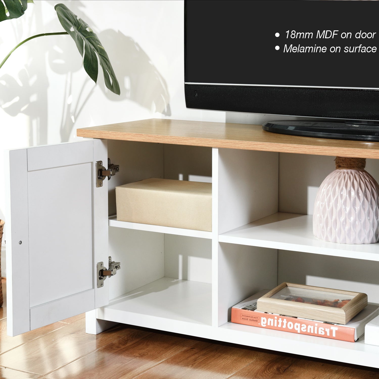 Homy Casa FAVRE 51" Storage TV Stand Cabinet with Doors and Open Shelves Wood Top White