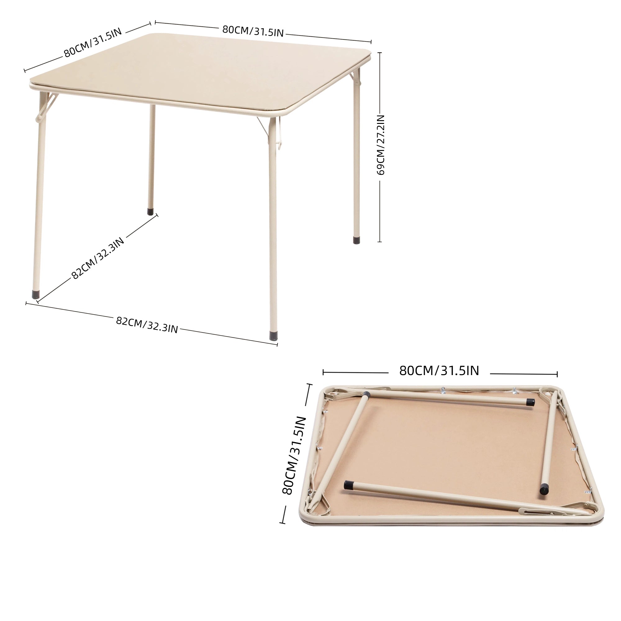 FERN Folding Square Card Table, 31.5" x 31.5", Easy-Clean PVC Top with Metal Folding Legs, Portable Dining and Game Table, Beige