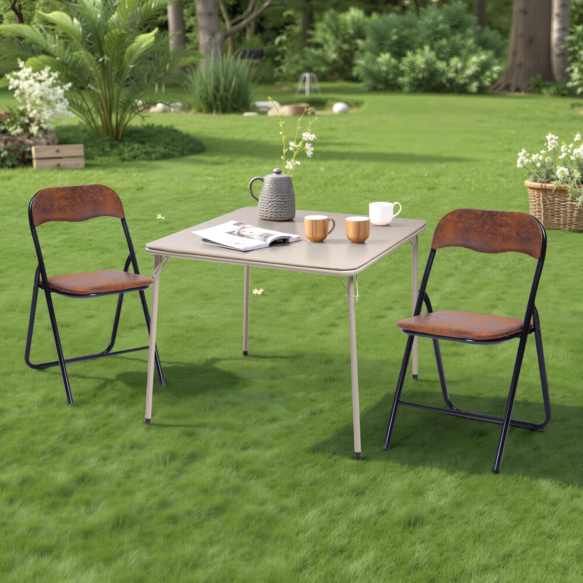 FERN Folding Square Card Table, 31.5" x 31.5", Easy-Clean PVC Top with Metal Folding Legs, Portable Dining and Game Table, Beige