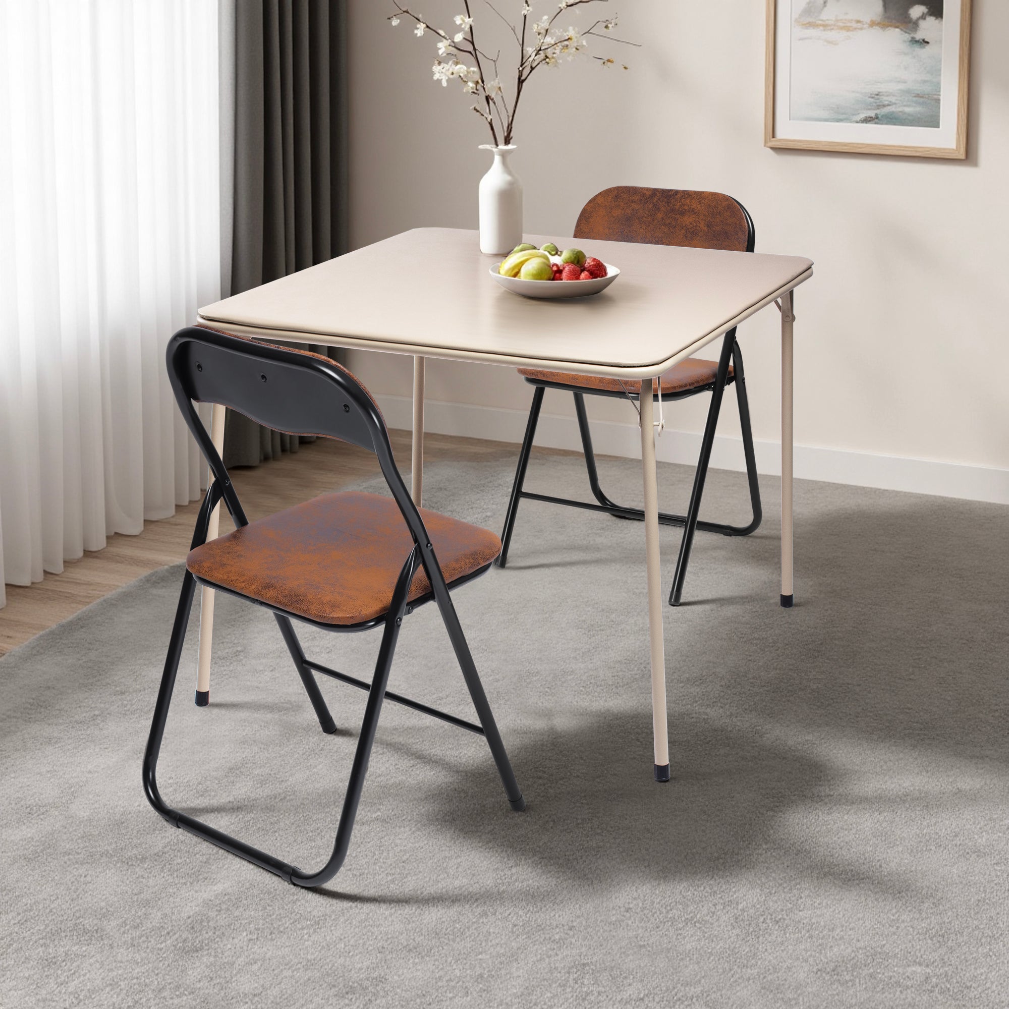 FERN Folding Square Card Table, 31.5" x 31.5", Easy-Clean PVC Top with Metal Folding Legs, Portable Dining and Game Table, Beige