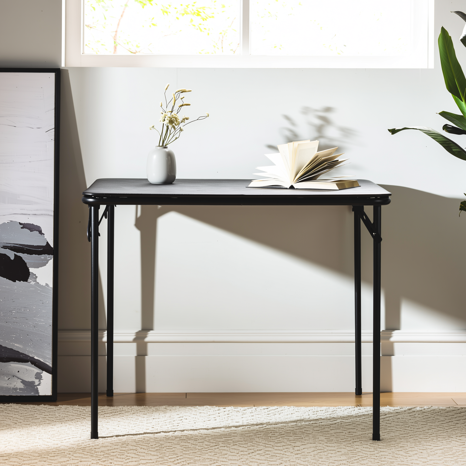 Homy Casa FERN 3PC Folding Dining Set Black Table with 2 Folding Chairs Matte Black Finish