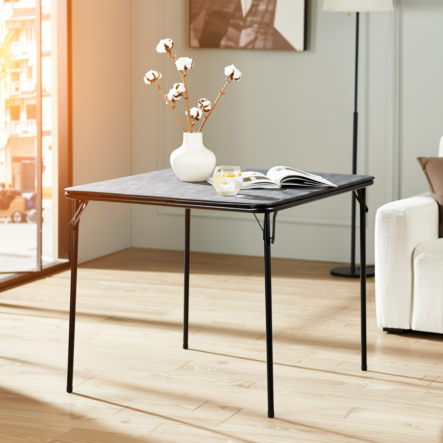 Homy Casa FERN 3PC Folding Dining Set Black Table with 2 Folding Chairs Matte Black Finish