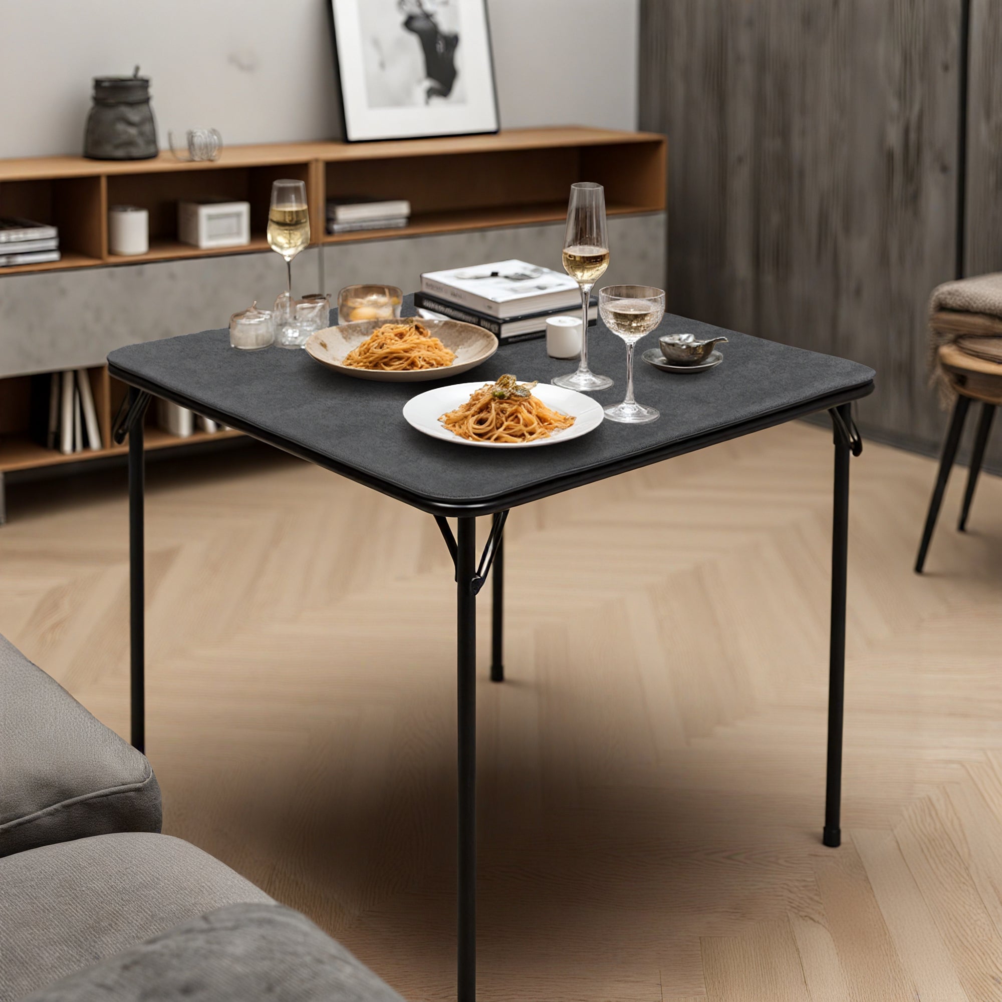 Homy Casa Fern 5PC Black Folding Dining Set 33.9" Folding Table with 4 Nola Folding Chairs Space Saving Stackable Design