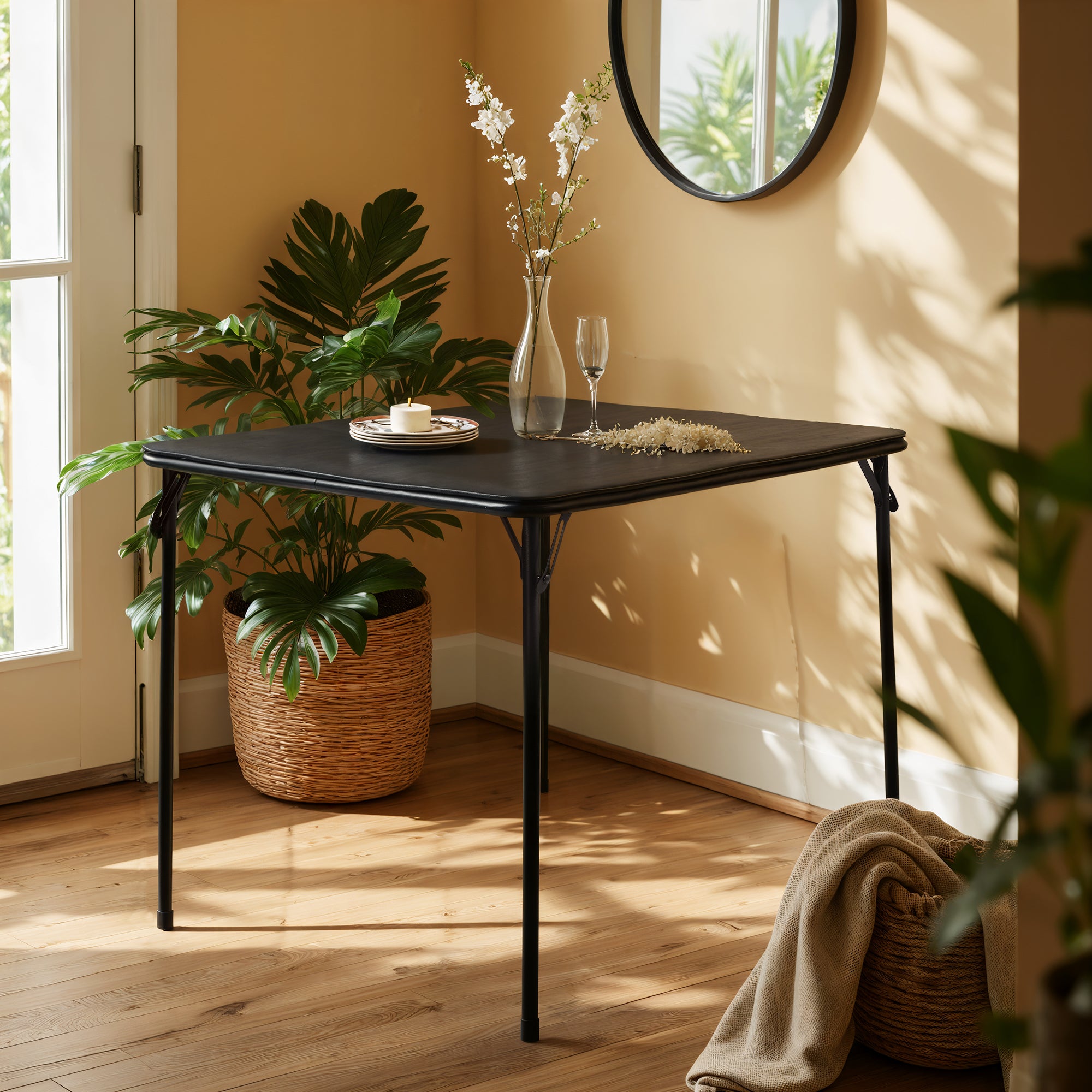 Homy Casa Fern 5PC Black Folding Dining Set 33.9" Folding Table with 4 Nola Folding Chairs Space Saving Stackable Design
