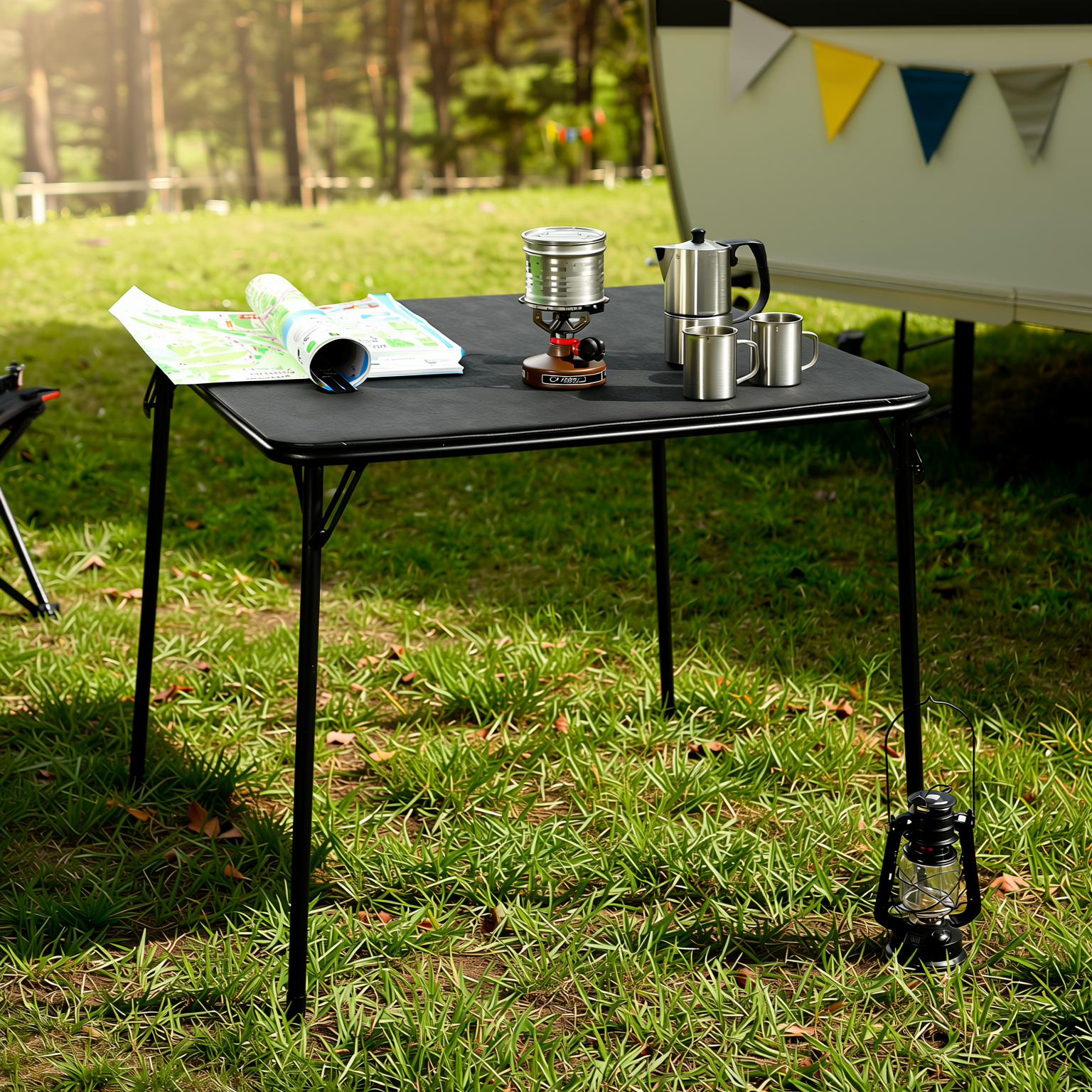 Homy Casa Fern 5PC Black Folding Dining Set 33.9" Folding Table with 4 Nola Folding Chairs Space Saving Stackable Design