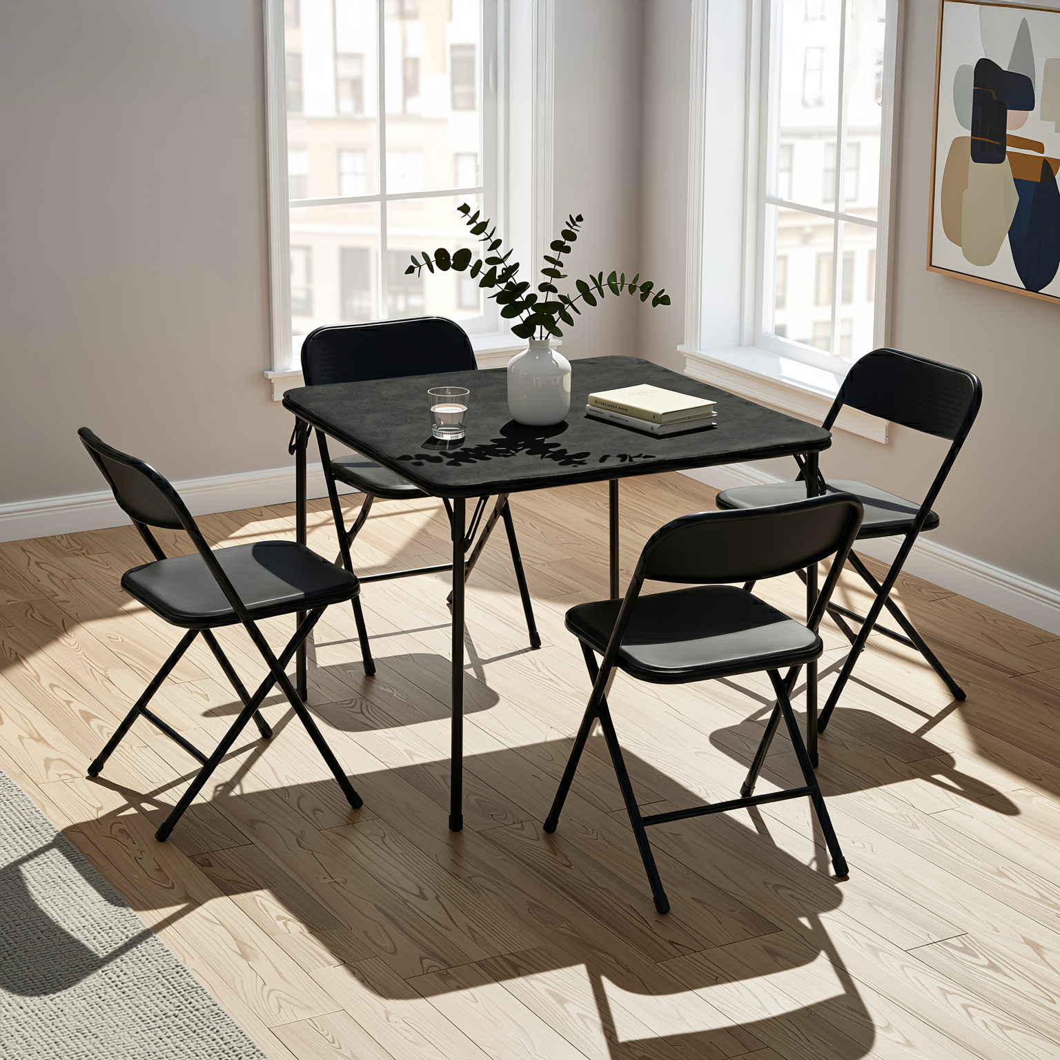Homy Casa Fern 5PC Black Folding Dining Set 33.9" Folding Table with 4 Nola Folding Chairs Space Saving Stackable Design