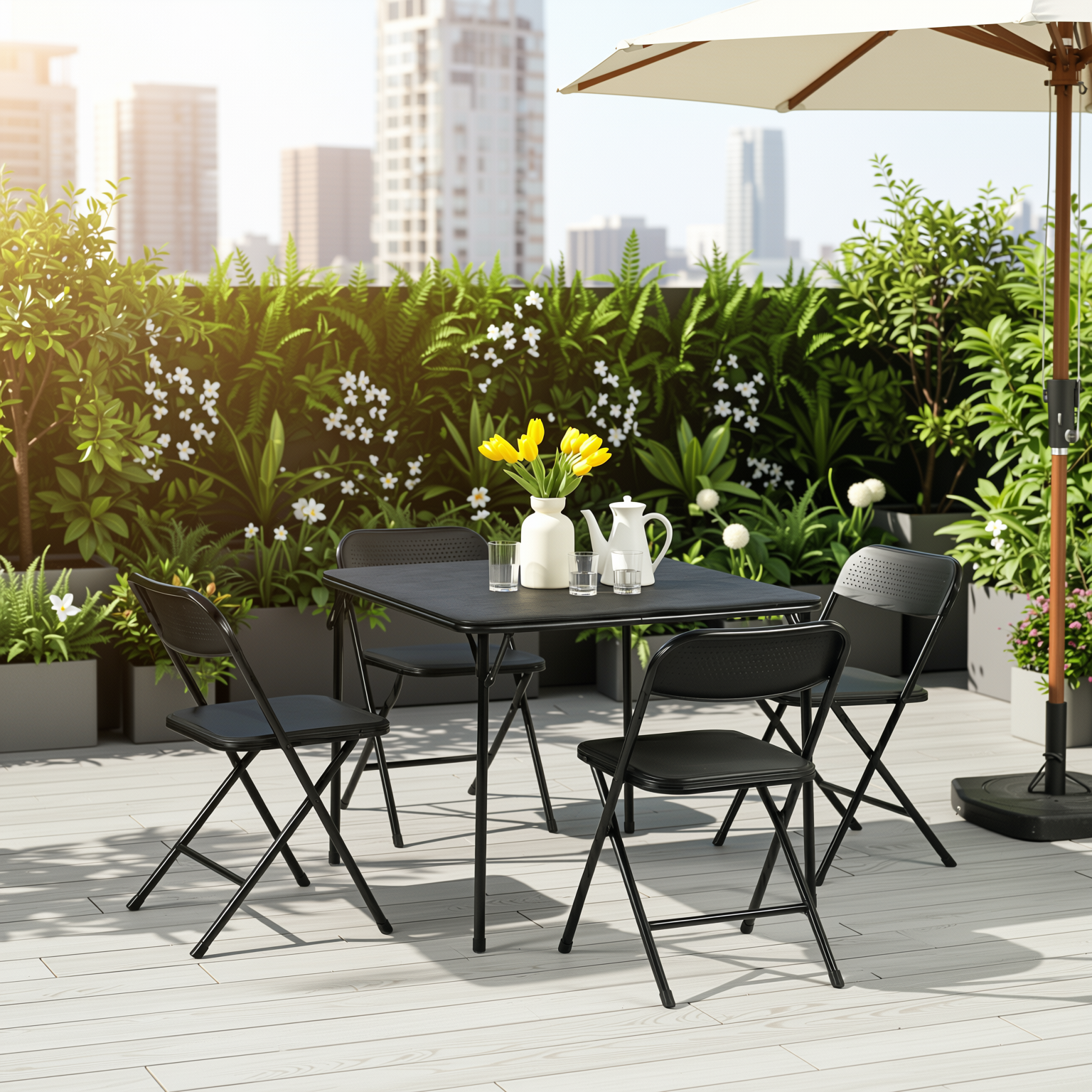 Homy Casa Fern 5PC Black Folding Dining Set 33.9" Folding Table with 4 Nola Folding Chairs Space Saving Stackable Design