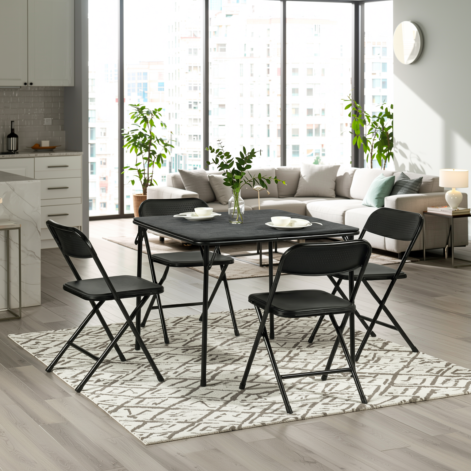 Homy Casa Fern 5PC Black Folding Dining Set 33.9" Folding Table with 4 Nola Folding Chairs Space Saving Stackable Design