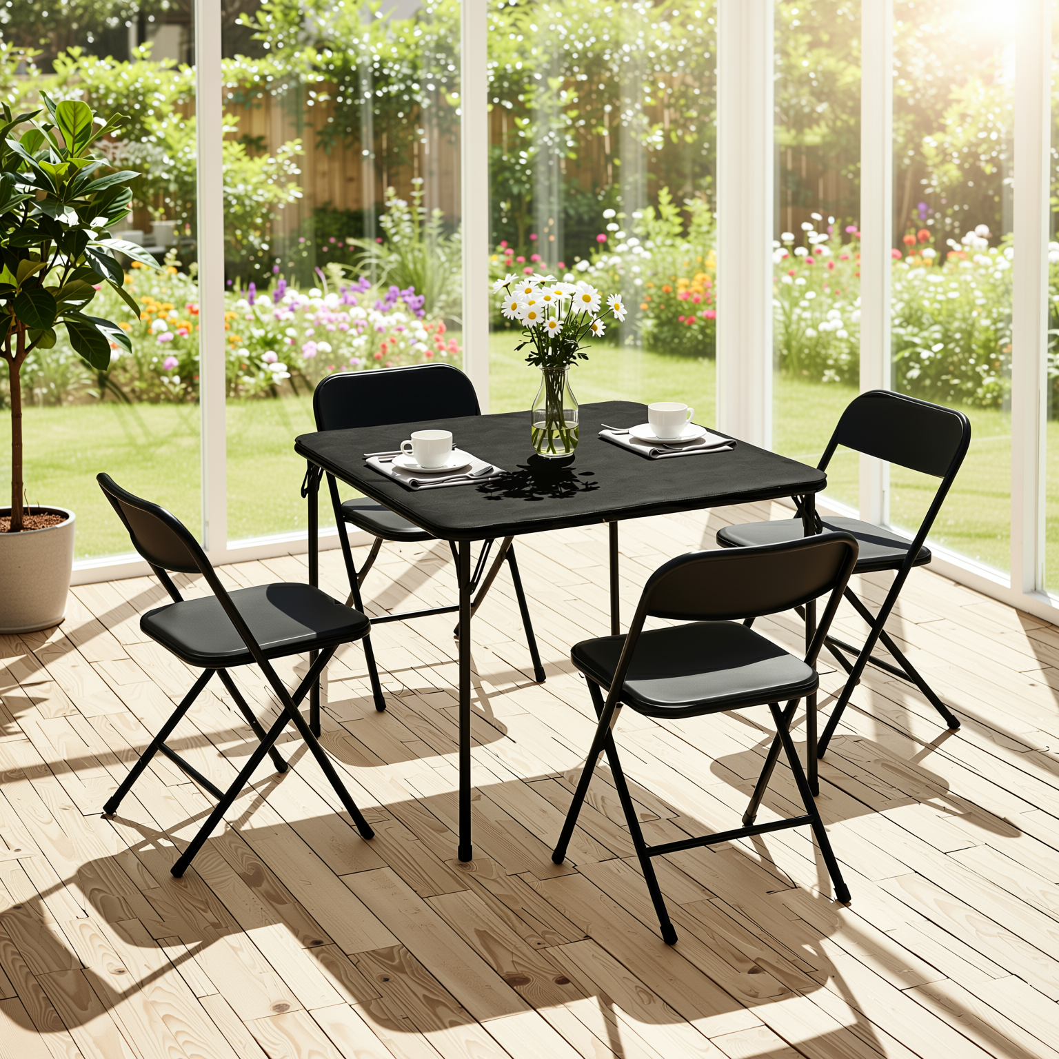 Homy Casa Fern 5PC Black Folding Dining Set 33.9" Folding Table with 4 Nola Folding Chairs Space Saving Stackable Design
