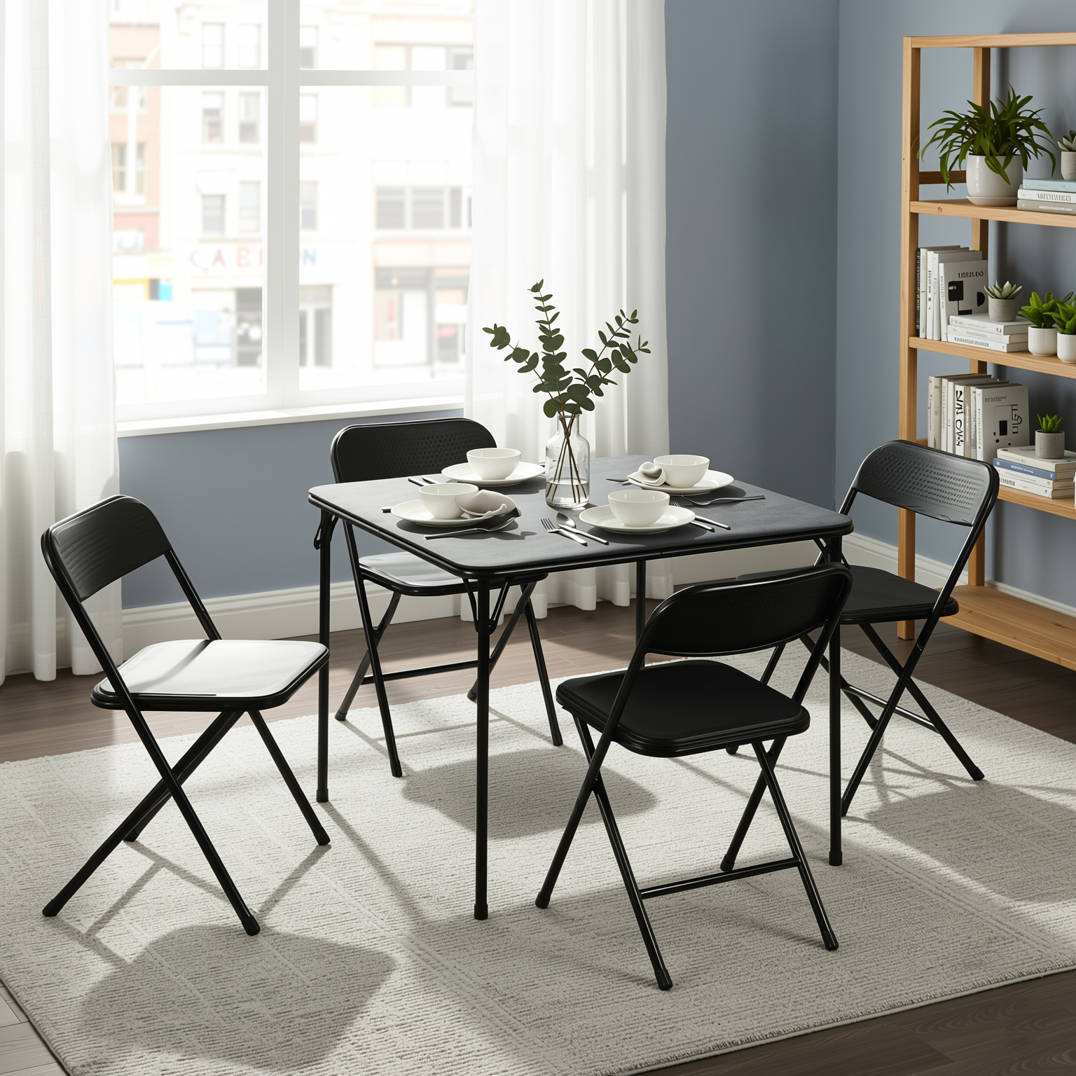 Homy Casa Fern 5PC Black Folding Dining Set 33.9" Folding Table with 4 Nola Folding Chairs Space Saving Stackable Design