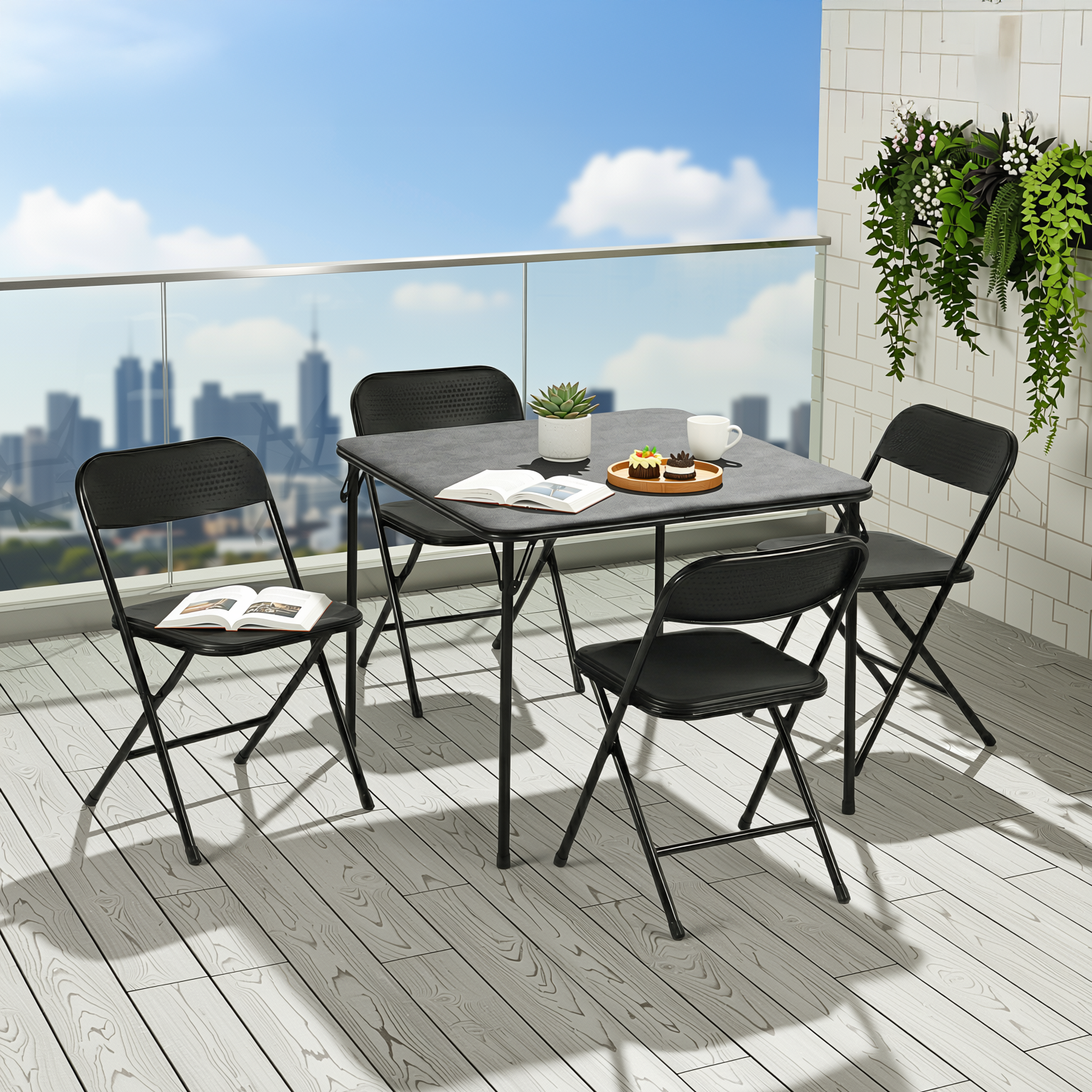 Homy Casa Fern 5PC Black Folding Dining Set 33.9" Folding Table with 4 Nola Folding Chairs Space Saving Stackable Design