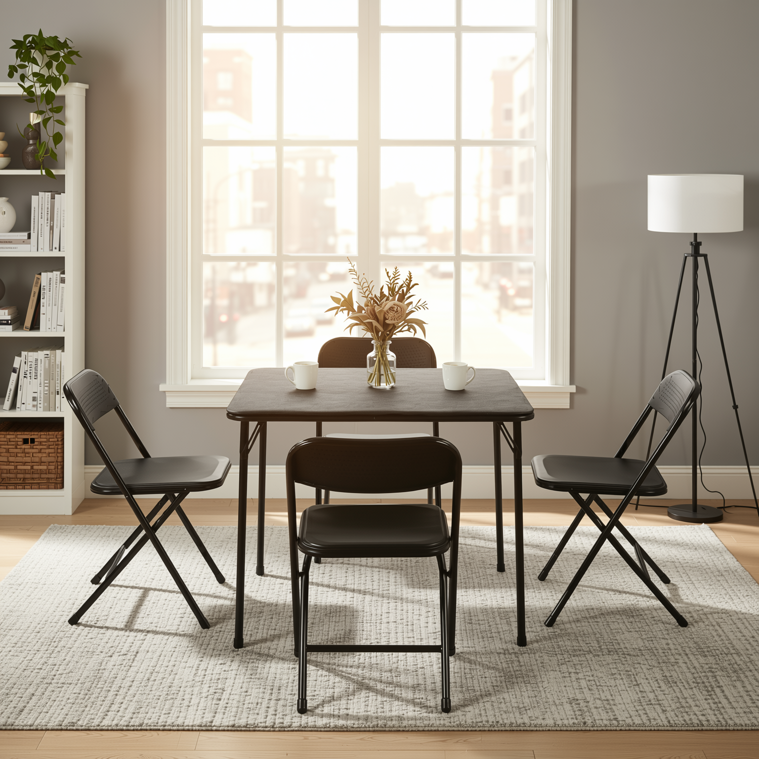 Homy Casa Fern 5PC Black Folding Dining Set 33.9" Folding Table with 4 Nola Folding Chairs Space Saving Stackable Design