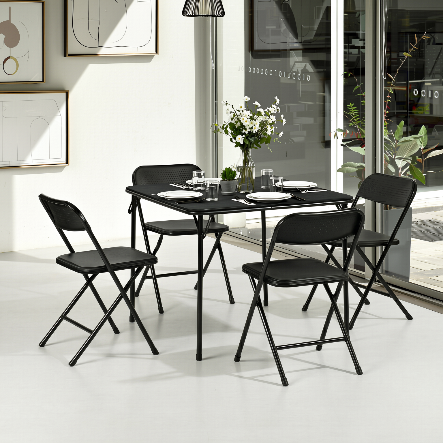 Homy Casa Fern 5PC Black Folding Dining Set 33.9" Folding Table with 4 Nola Folding Chairs Space Saving Stackable Design