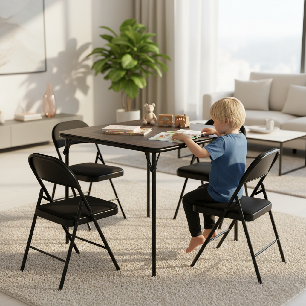 Fern 5 Piece Folding Table Set with 4 Fair Upholstered Foldable Chairs