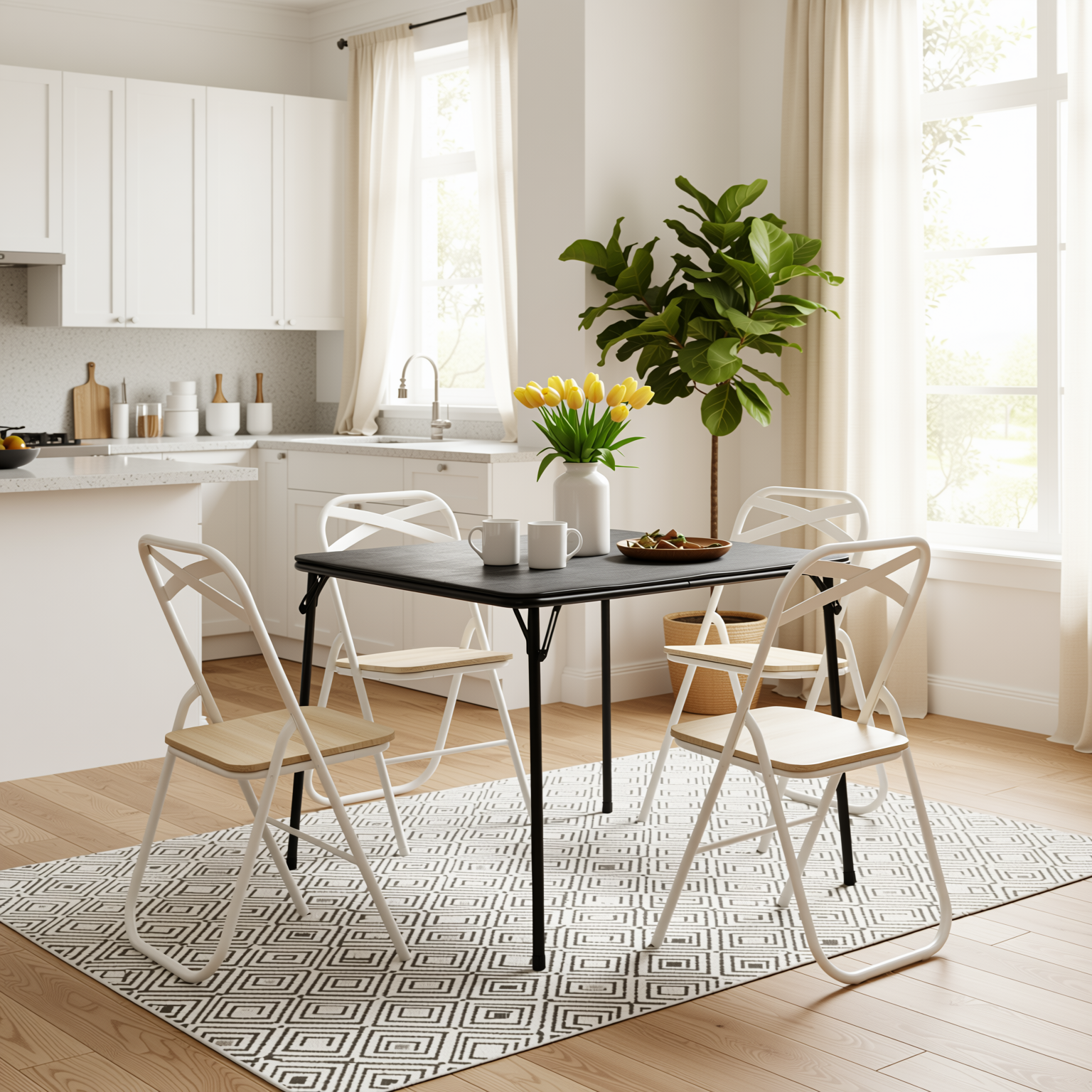 Homy Casa  Fern 5 Piece Folding Table Set with 4 Fern Foldable Chairs,White
